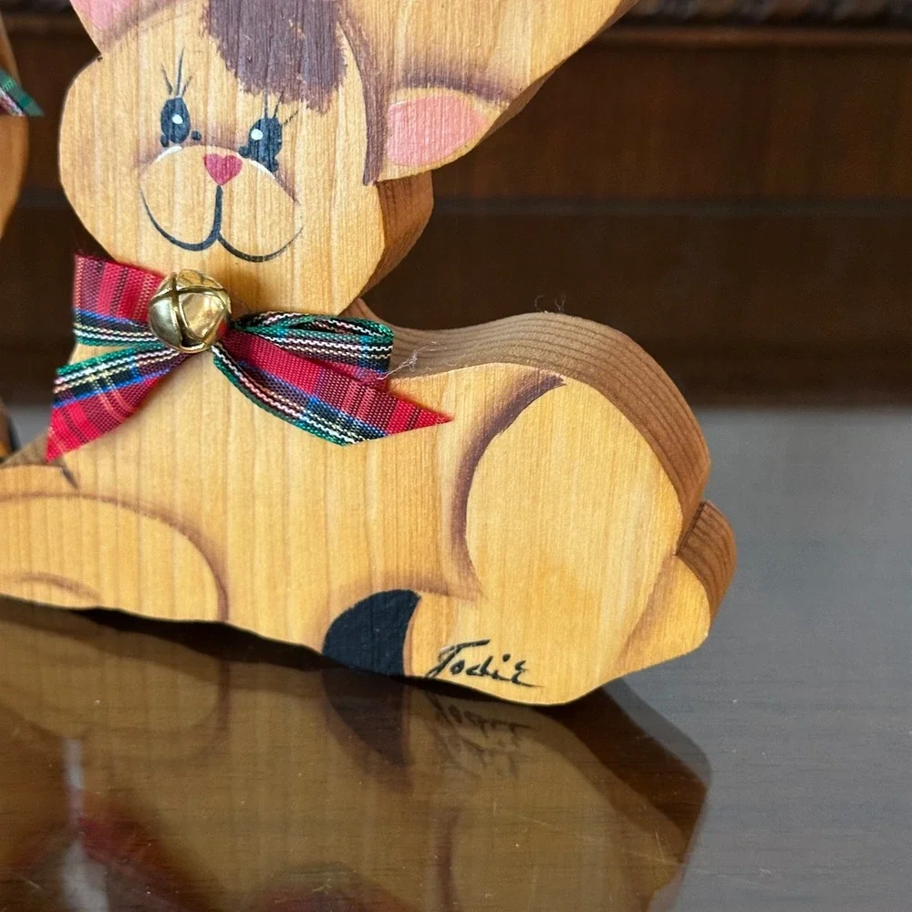 Vintage Jodi Hand Painted Wooden Reindeer Set 2 Christmas Folk Art Decor Plaid